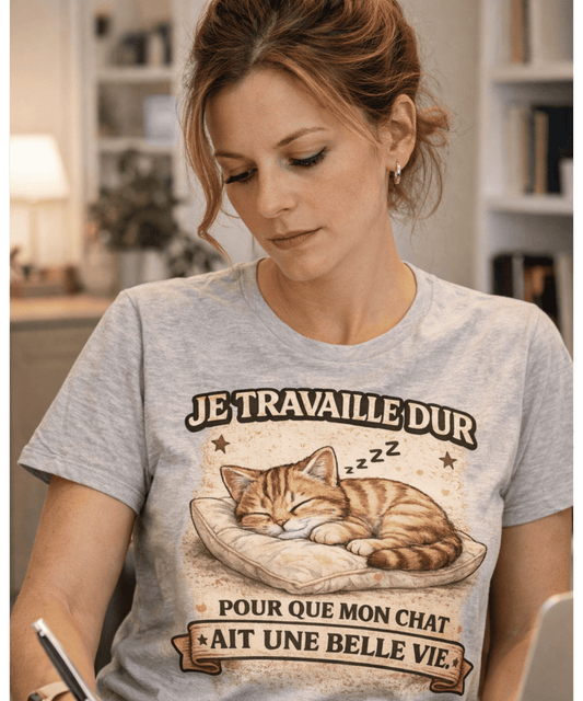 T-Shirt Chat Drôle Vintage – Je Travaille Dur Pour Que Mon Chat Ait Une Belle Vie
