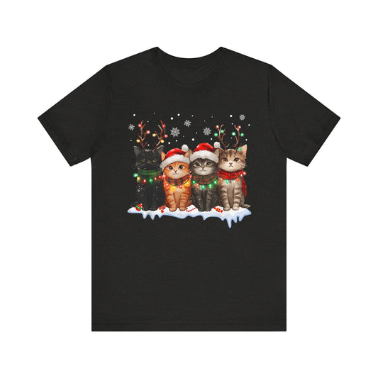 Cat Christmas Light Reindeer Santa Christmas Cat Lover T-Shirt