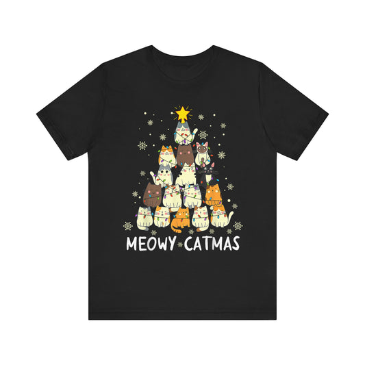 Meowy Catmas Cat Christmas Tree Xmas Girls Boys Funny Santa T-Shirt