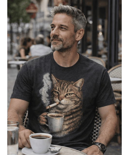 T-Shirt Chat Grincheux Café & Cigarette – Design Vintage Humour