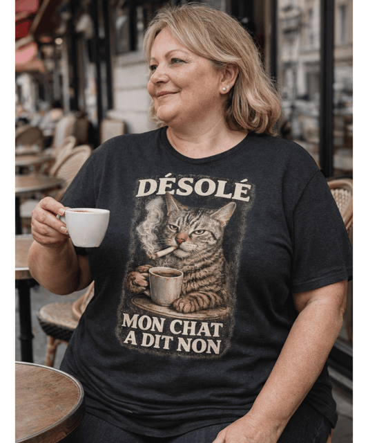 T-Shirt Chat Grincheux Café & Cigarette – Désolé Mon Chat A Dit Non